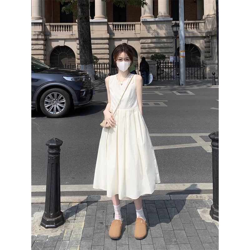 Đầm Trắng Không Tay Dáng Chữ A Ôm Eo Phong Cách Pháp Thời Trang Mùa Hè Cho Nữ