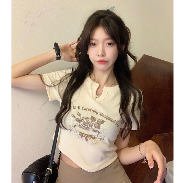 NZN Áo Thun Crop top Tay Ngắn Hở Cổ Áo Thun Tay Ngắn In Chữ Và Hoa Thời Trang Dành Cho Nữ