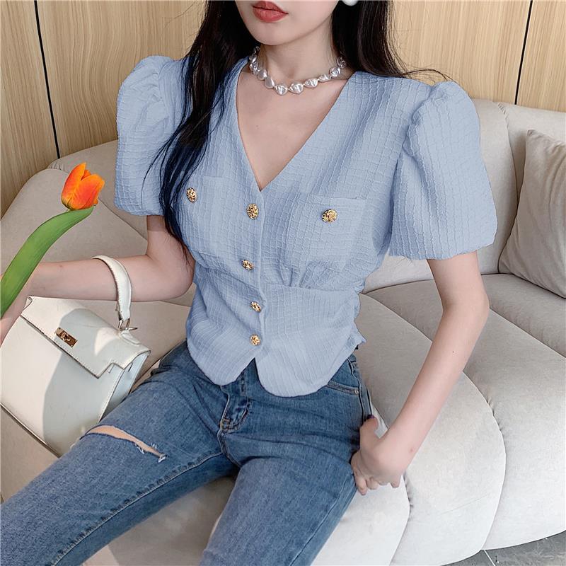 Áo Sơ Mi Tay Ngắn Phồng Cổ Chữ v Phong Cách Pháp Thời Trang Mùa Hè 2023 Mới