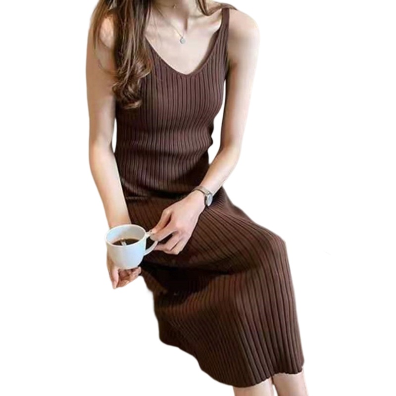 Xiangbao Đầm Midi Dáng Dài Không Tay Màu Đen / Cà Phê Mơ Mộng Khí Chất