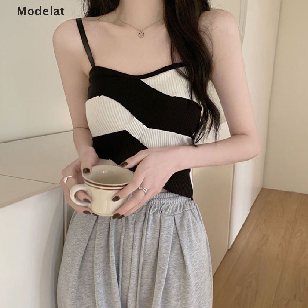 Áo Croptop Dệt Kim Không Tay Dáng Ôm Họa Tiết Kẻ Sọc Màu Sắc Thời Trang Mùa Hè Quyến Rũ Cho Nữ