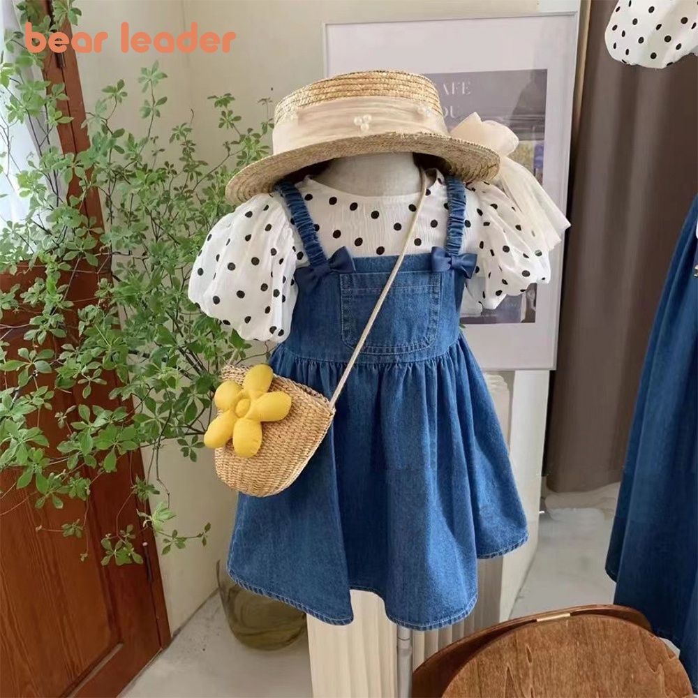 BEAR LEADER Set Áo Chấm Bi Ngắn Tay Chấm Bi + Chân Váy Yếm Denim Thời Trang Hè 2023 Cho Bé Gái 1-6 Tuổi
