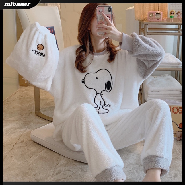 Bộ Đồ Ngủ Mặc Nhà 2 Món Vải Flannel Tay Dài Thiết Kế Ấm Áp Thoáng Khí Cho Nữ