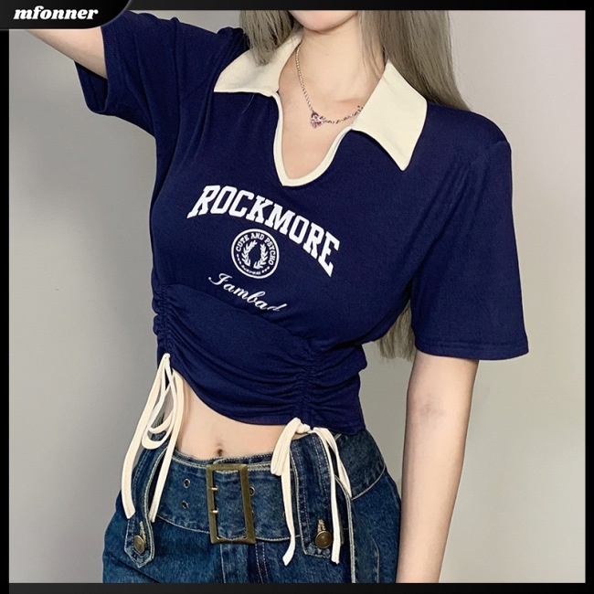 Áo Thun Crop Top Tay Ngắn Phối Dây Rút Màu Sắc Tương Phản Thời Trang Mùa Hè Cho Nữ