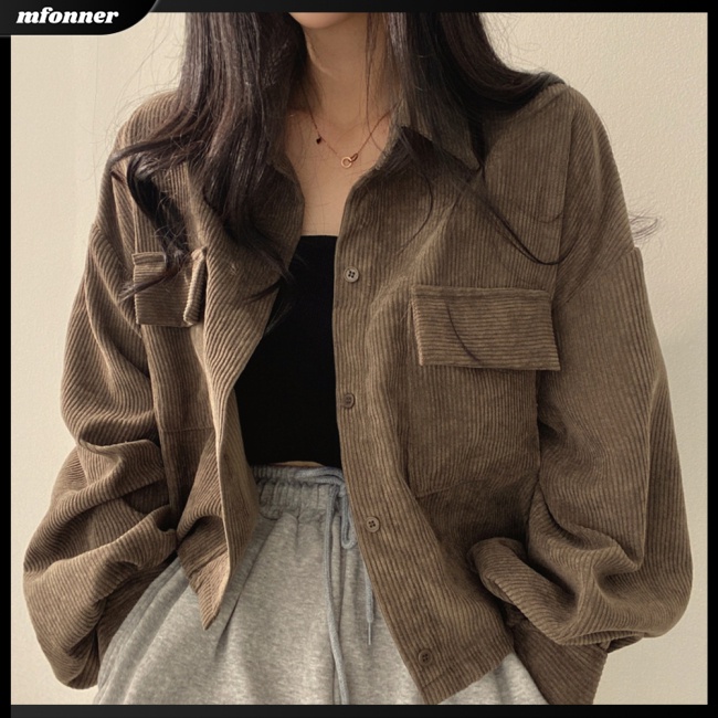 Áo Khoác Sơ Mi Tay Dài Cổ Bẻ Chất Liệu Nhung Dày Dặn Màu Sắc Đơn Giản Phong Cách Retro Cho