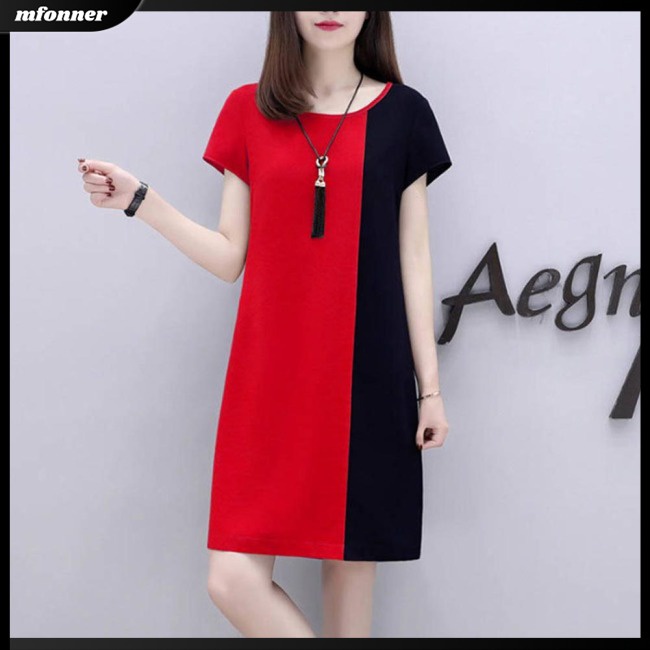 Đầm Dáng Chữ A Tay Ngắn Cổ Tròn Màu Sắc Tương Phản Thời Trang Cho Nữ