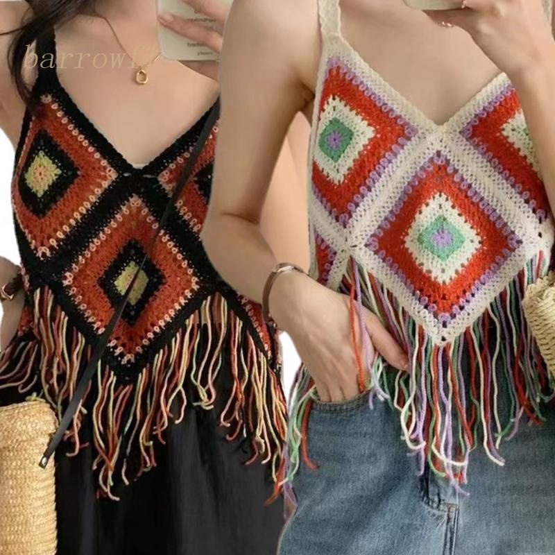 Brroa Áo Croptop Không Tay Cổ Chữ V Thêu Họa Tiết Phối Tua Rua Ngọt Ngào Mặc Hằng Ngày Đi Biển Cho Nữ Sho