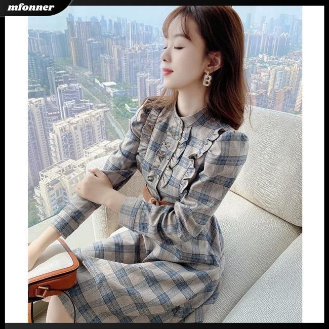 Đầm Midi Tay Dài Cổ Đứng Dáng Chữ A Họa Tiết Sọc Caro Ngọt Ngào Thời Trang Cho Bạn Gái