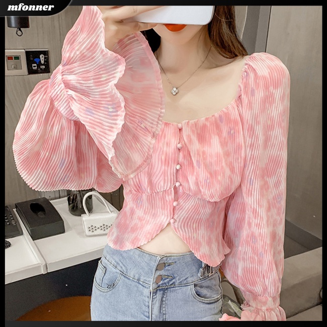 Áo Voan Cổ Vuông Tay Loe Xếp Ly In Họa Tiết Phong Cách Pháp Cổ Điển Thời Trang Cho Nữ