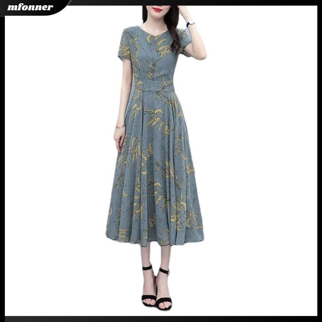 Đầm Dài Tay Ngắn Cổ Tròn Nhấn Eo in Họa Tiết Hoa Cổ Điển Plus Size Cho Nữ