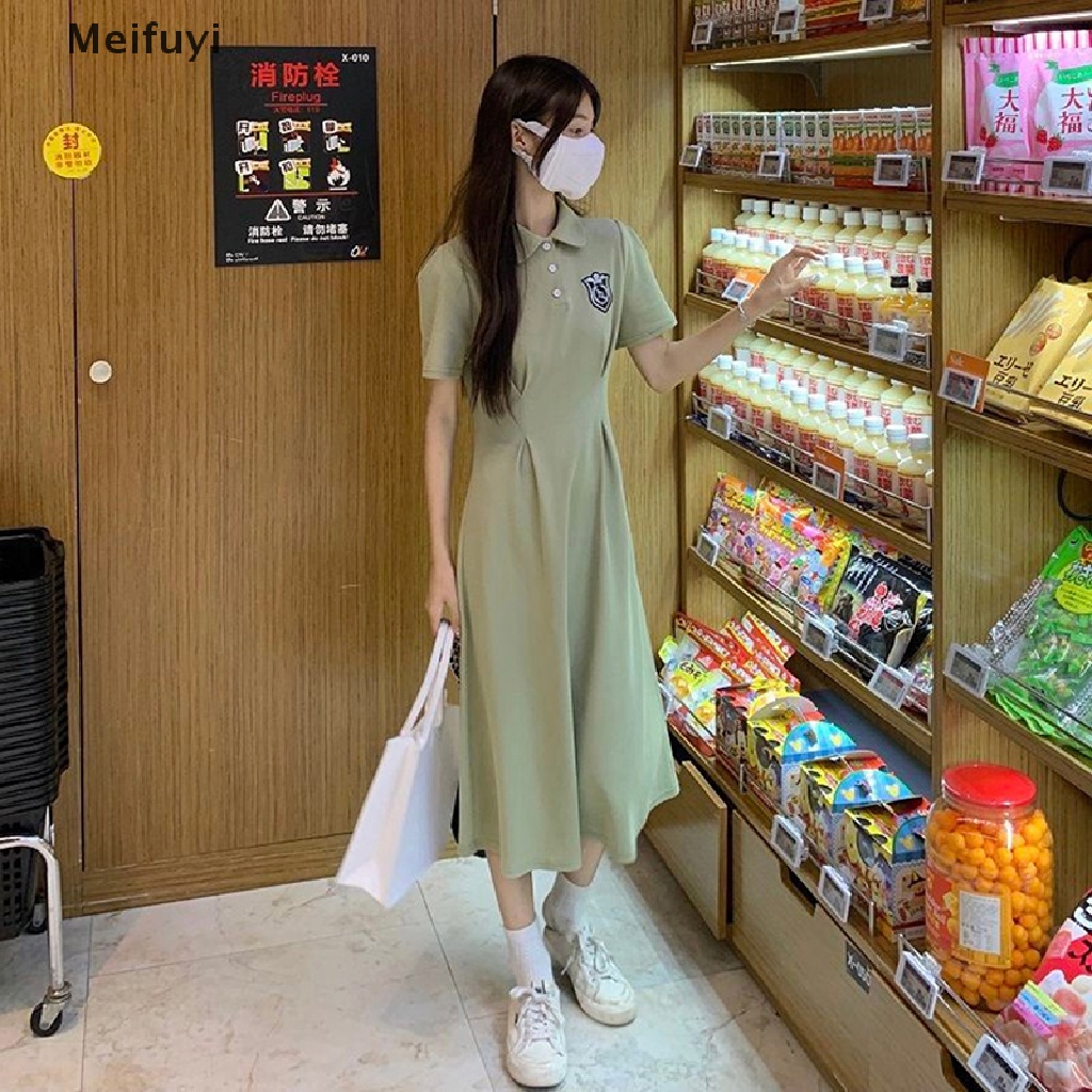 [Meifuyi] Đầm Dáng Chữ A Cổ Bẻ Tay Ngắn Ôm Eo Phong Cách Preppy Thời Trang Mùa Hè Cho Nữ