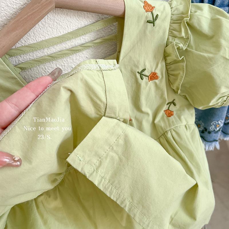 Set Áo Sơ Mi Ngắn Tay Và Quần Short Denim Thời Trang Mùa Hè Hàn Quốc Cho Bé Gái