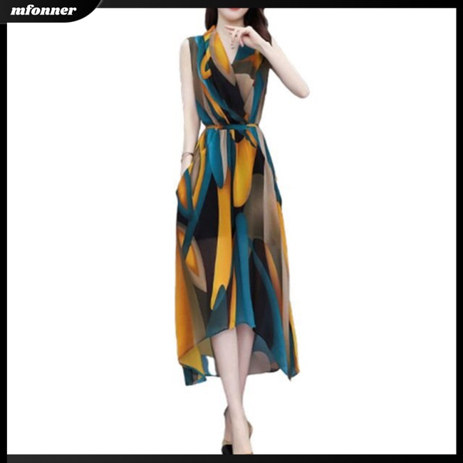 Đầm Dài Qua Gối Không Tay Cổ Chữ V In Họa Tiết Phong Cách Phương Tây Lãng Mạn Dành Cho Nữ