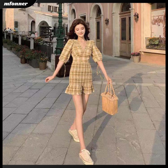 Đầm Voan Tay Phồng Cổ Chữ V Lưng Cao Họa Tiết Kẻ Sọc Thời Trang Cho Nữ