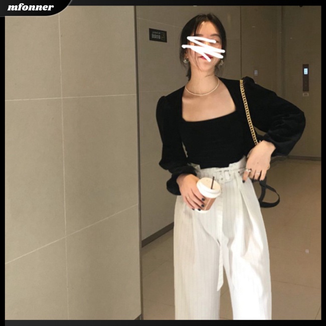 Áo Kiểu Tay Phồng Dài Cổ Vuông Chất Liệu Nhung Phong Cách Hoàng Gia Ngọt Ngào