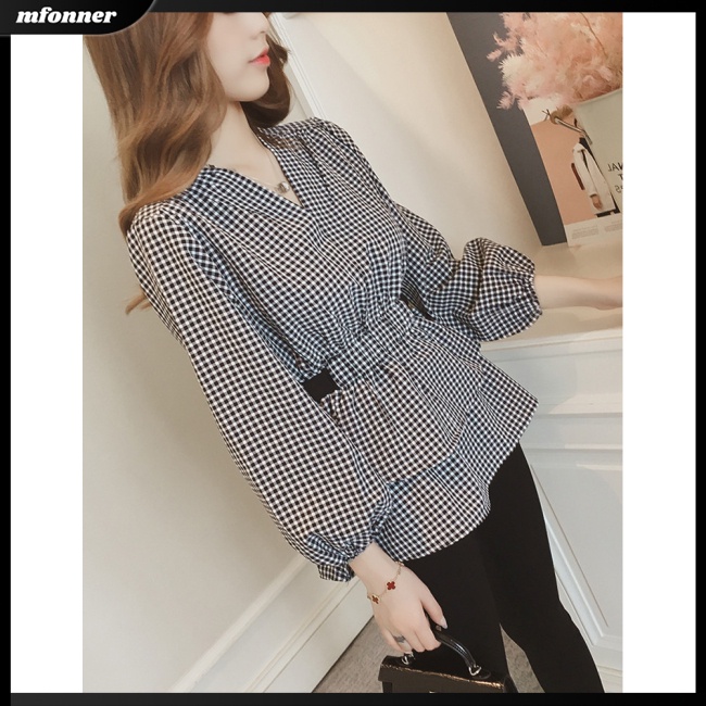 Áo Kiểu Tay Dài Cổ Chữ V Họa Tiết Kẻ Sọc Thời Trang Mùa Thu Cho Nữ