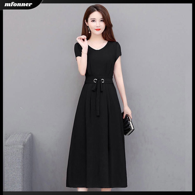 Đầm Tay Ngắn Cột Dây Eo Màu Sắc Tinh Khiết Thời Trang Mùa Hè Cho Nữ