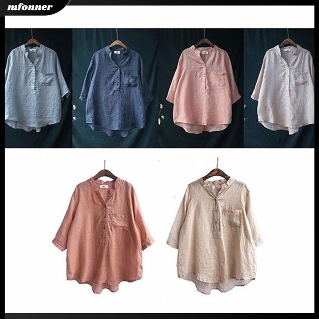 Áo Sơ Mi Cotton Lanh Cổ Đứng Dáng Rộng Tay Lửng Thời Trang Mùa Hè Cho Nữ