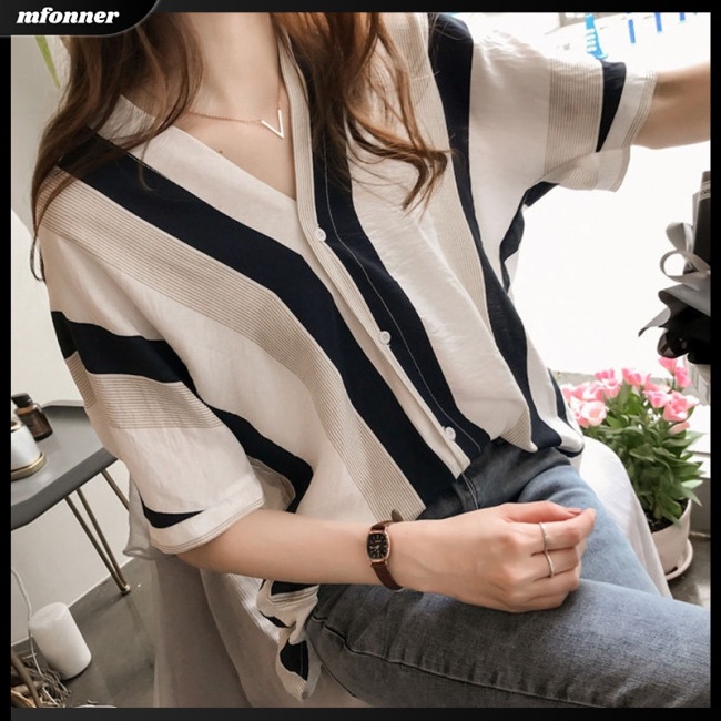 Áo Kiểu Tay Ngắn Cổ Chữ V Họa Tiết Kẻ Sọc Dáng Rộng Thời Trang Cho Nữ