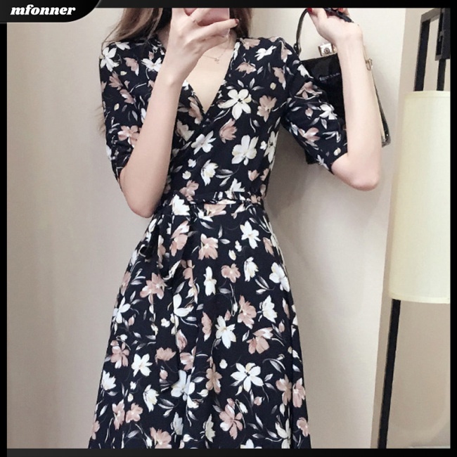 Đầm Dáng Rộng In Họa Tiết Hoa Chiết Eo Xinh Xắn Thời Trang Cho Bạn Gái