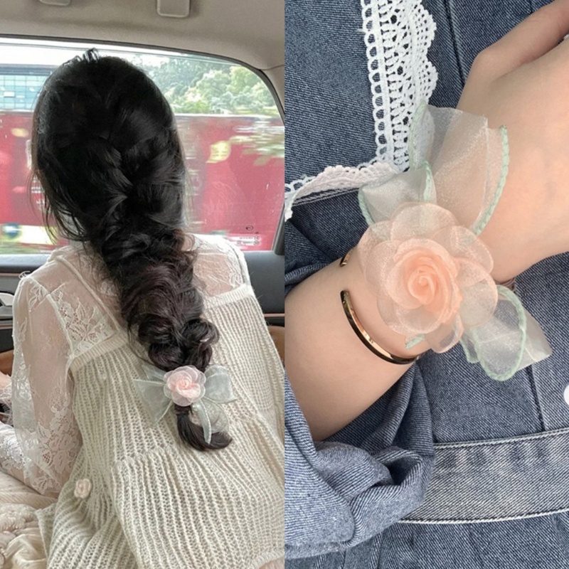 Dây Buộc Tóc Co Giãn Đính Nơ Hoa Trà Nhiều Màu Sắc Cho Bé Gái