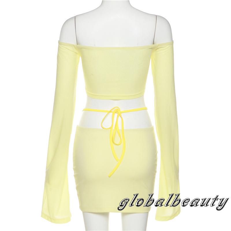 Bộ Áo Lửng Tay Dài Trễ Vai 2 Dây + Chân Váy Cạp Thấp Màu Sắc Đơn Giản Nữ Tính