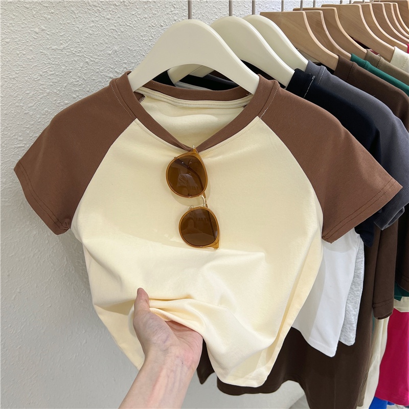 SUXI Áo Thun Cotton Cổ Tròn Dáng Ôm Màu Sắc Tương Phản Thời Trang Mùa Hè Dành Cho Nữ