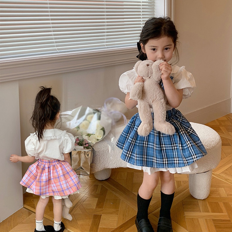 Bộ Khung Đồ Chơi Cho Bé❤Bộ Áo Sơ Mi Tay Phồng Màu Trơn + Chân Váy Cổ Búp Bê Họa Tiết Kẻ Sọc Thời Trang Mùa Hè Hàn Quốc Cho Nữ