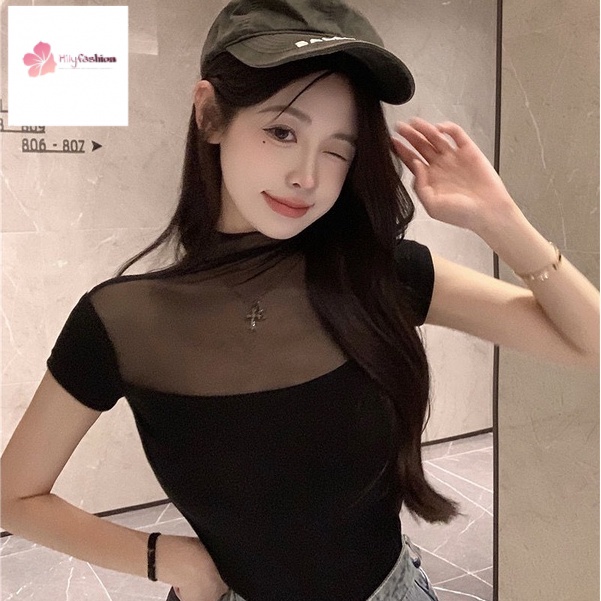 Áo Thun Lưới Tay Ngắn Cổ Cao Ôm Dáng Phong Cách Mùa Hè Mới