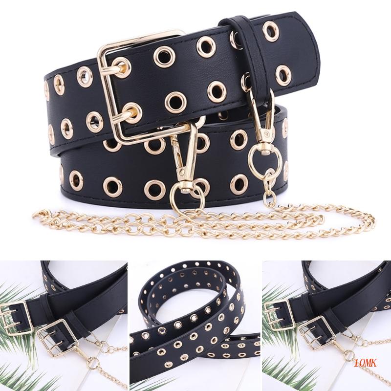 Thắt Lưng Da PU Phối Dây Xích Đôi Và Xích Kim Loại Thời Trang Unisex