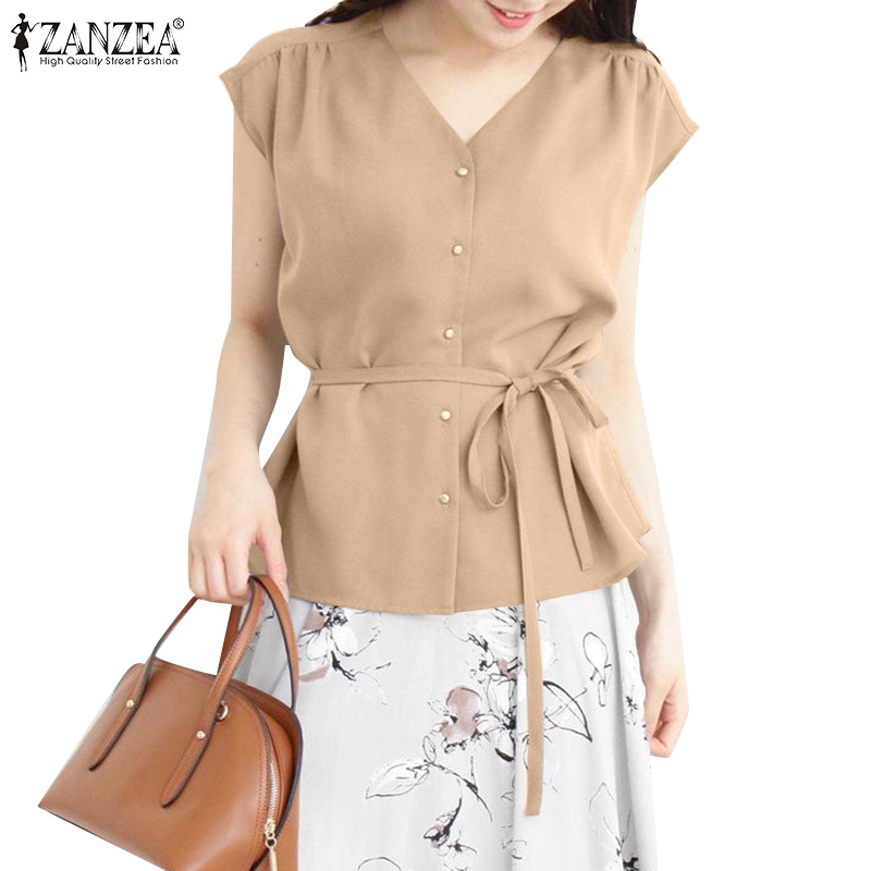 Zanzea Áo Nữ Cộc Tay Cổ Chữ V Nhún Bèo Thời Trang Hàn