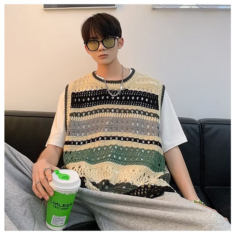 Áo Sweater Dệt Kim Sát Nách Kẻ Sọc Màu Sắc Tương Phản Kiểu Retro Cá Tính Cho Nam