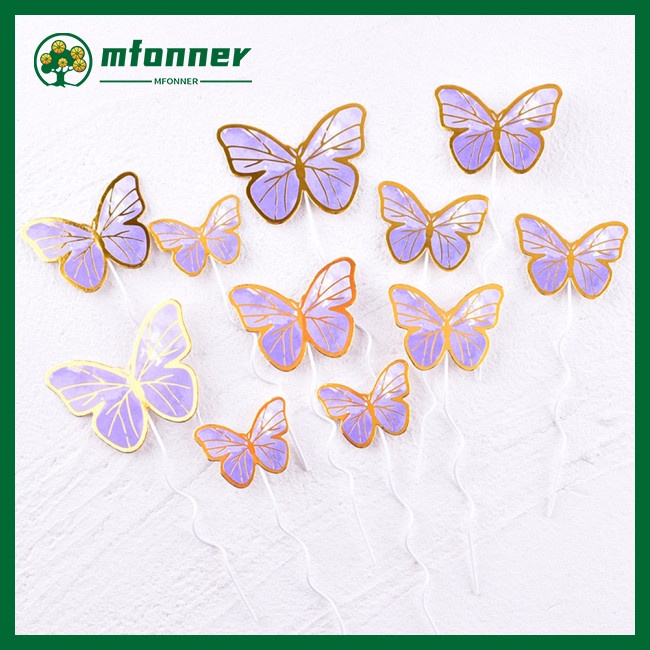 Set 11 Phụ Kiện Cắm Trang Trí Bánh Kem Hình Bướm Bằng Giấy Mạ Đồng