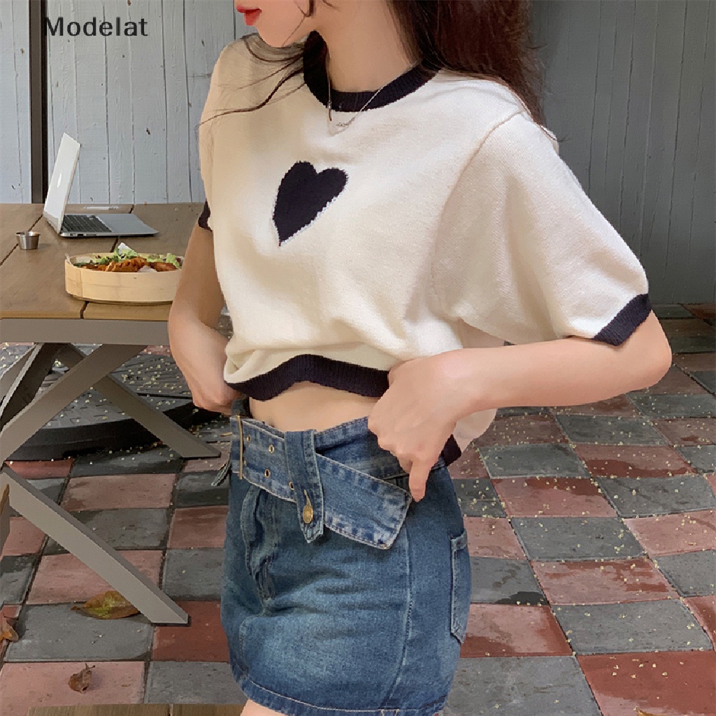 Áo Thun Croptop Dệt Kim Tay Ngắn Cổ Tròn Dáng Rộng In Hình Trái Tim Thời Trang Mùa Hè Cho Nữ