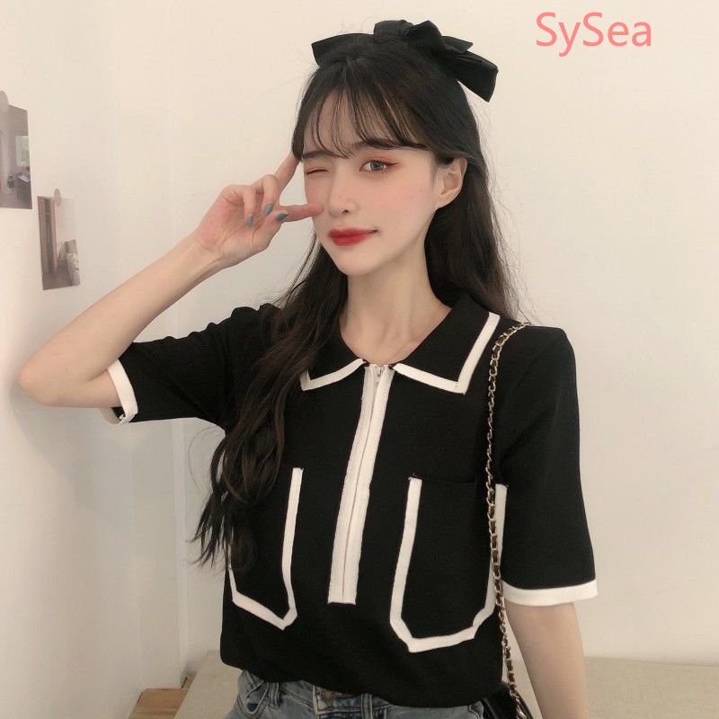 Áo Dệt Kim Phối Khóa Kéo Phong Cách Retro Hàn Quốc Cho Nữ