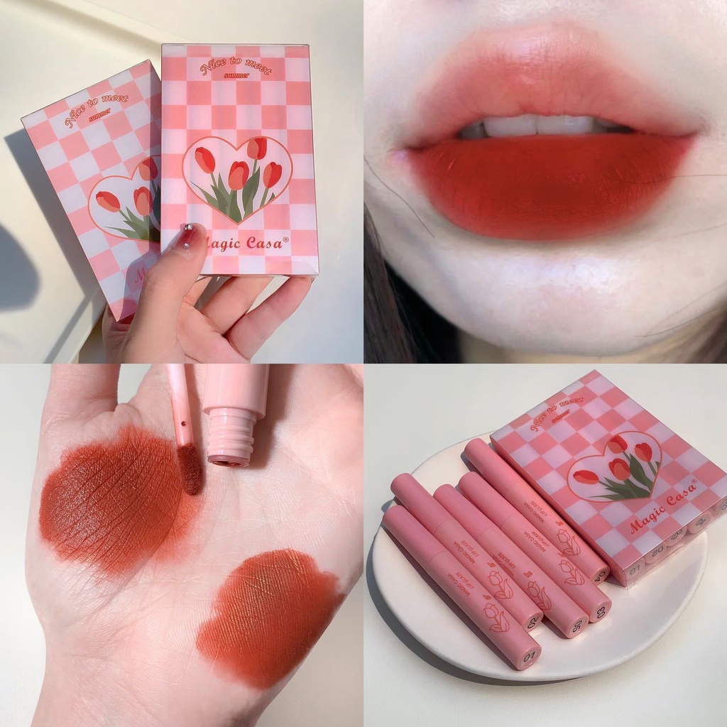 Bộ Son Kem Lì Kháng Nước Lâu Trôi Và Lên Màu Đẹp Set 5 Son Môi AGIC CASA Chống Thấm Nước Cao Cấp