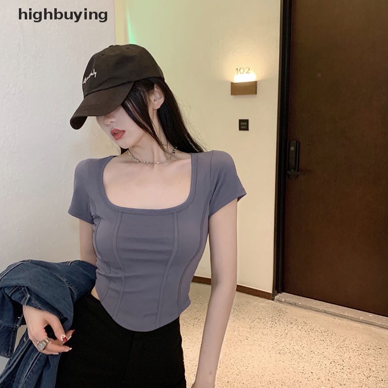 Áo Thun Lửng Cổ Vuông Tay Ngắn Màu Sắc Đơn Giản Cho Nữ