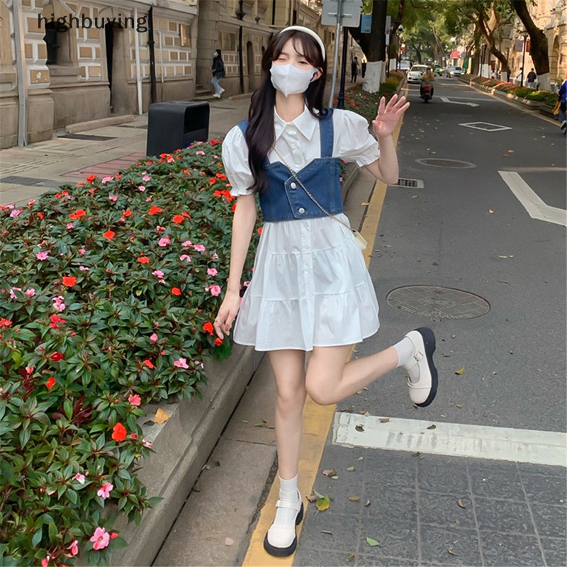 Set Đầm Denim Và Áo Sơ Mi Tay Phồng Phong Cách Vintage Thời Trang Hè 2023 Cho Nữ