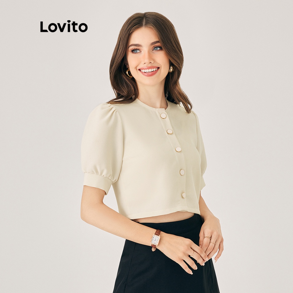 Lovito Casual Trơn Cài Nút Trước Tay Phồng Cổ Tròn Tay Ngắn Nữ L39ED014 (Off White)