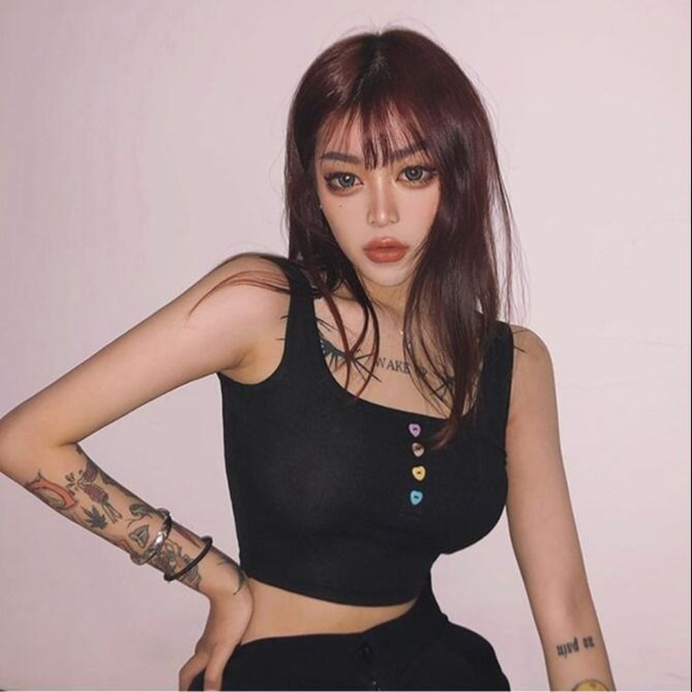 Áo Tank Top Màu Tím Nút Cầu Vồng Dễ Thương Cảm Giác Toàn Diện Có Dây Đeo Hở Rốn Đa Năng Cho Nữ