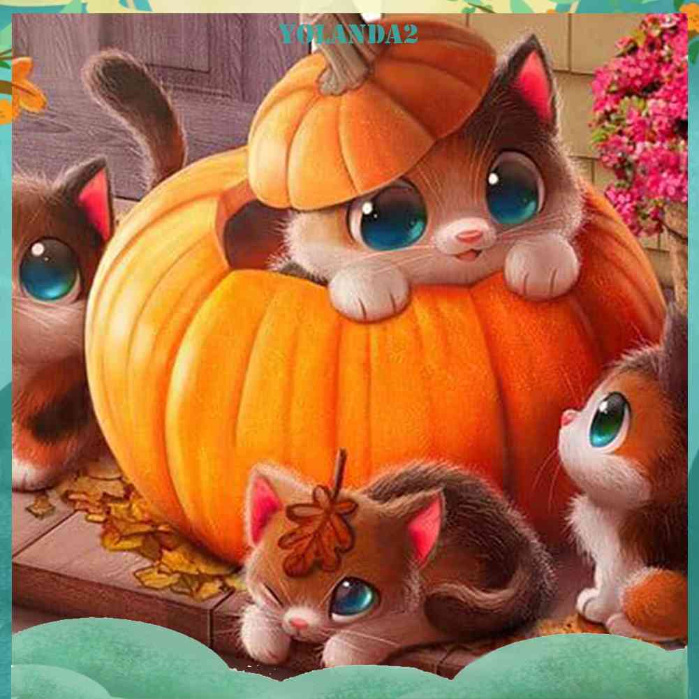 Bộ Tranh Đính Đá 5D Toàn Diện Họa Tiết Mèo Và Bí Ngô Độc Đáo DIY Dùng Trang Trí Nhà Cửa