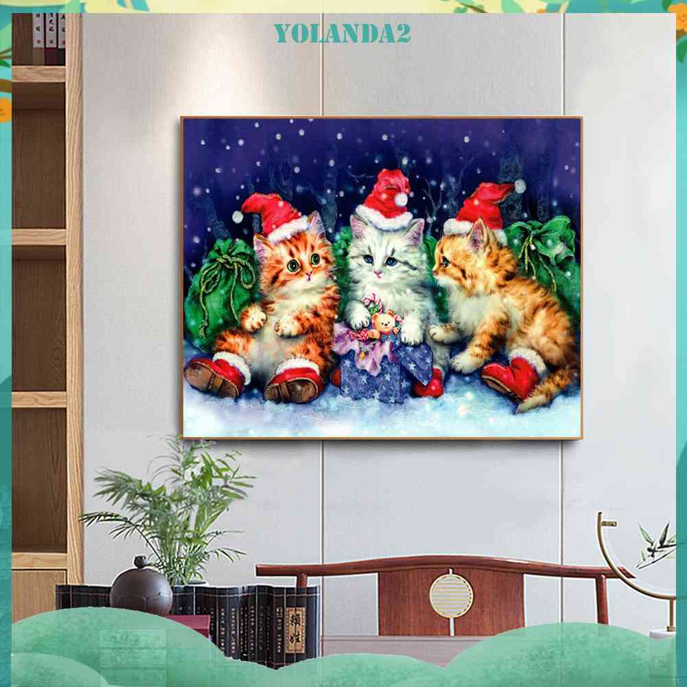 Tranh Đính Đá Kim Cương Toàn Bộ 5D DIY Hình Vẽ Mèo Giáng Sinh