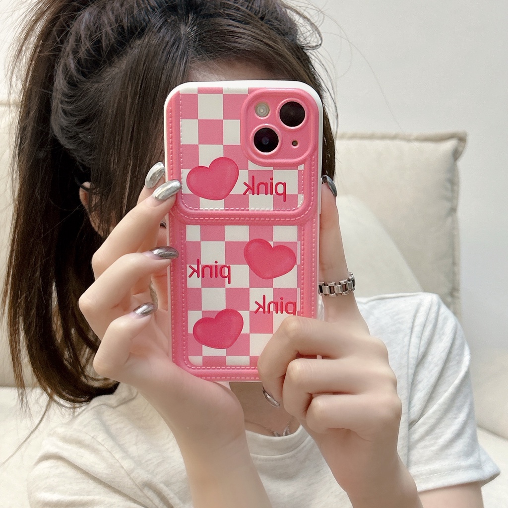 Ốp Điện Thoại Da Viền Silicon Dẻo Màu Hồng Họa Tiết Trái Tim Dễ Thương Chống Sốc Cho iPhone11 12 13 14 Pro Max