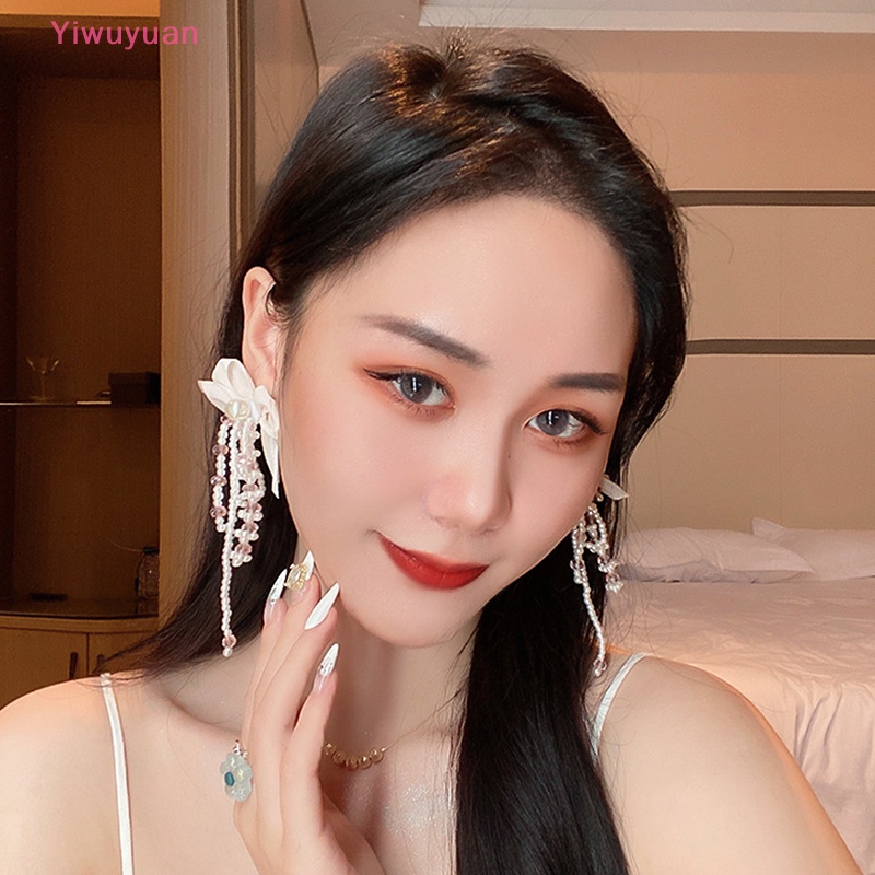 < Yiwuyuan > Bông Tai Bạc S925 Dáng Dài Đính Ngọc Trai Và Nơ Tua Rua Cá Tính Mới