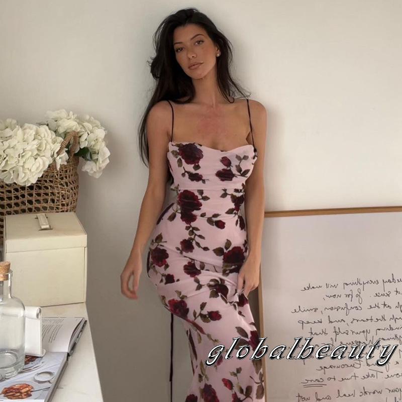 Đầm Hai Dây Dáng Dài Ôm Sát Hở Lưng In Họa Tiết Hoa Thời Trang Mùa Hè Cho Nữ