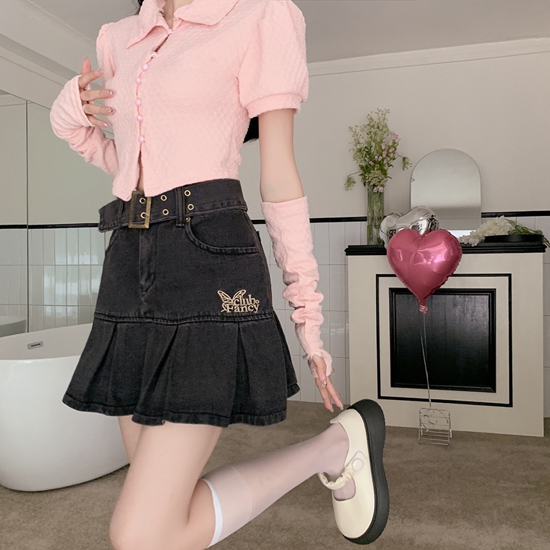 Chân váy jean Chữ A Lưng Cao Thêu Họa Tiết Bướm Xinh Xắn Dành Cho Nữ