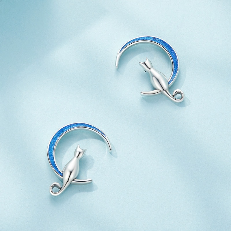 BAMOER Bông Tai bạc 925 HìNh MèO MặT Trăng SCE1609