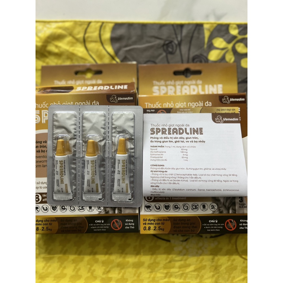 SPREADLINE - Tuýp nhỏ giọt ngoài da phòng sán dây, giun tròn, ấu trùng giun tim, ve và bọ nhảy cho MÈO