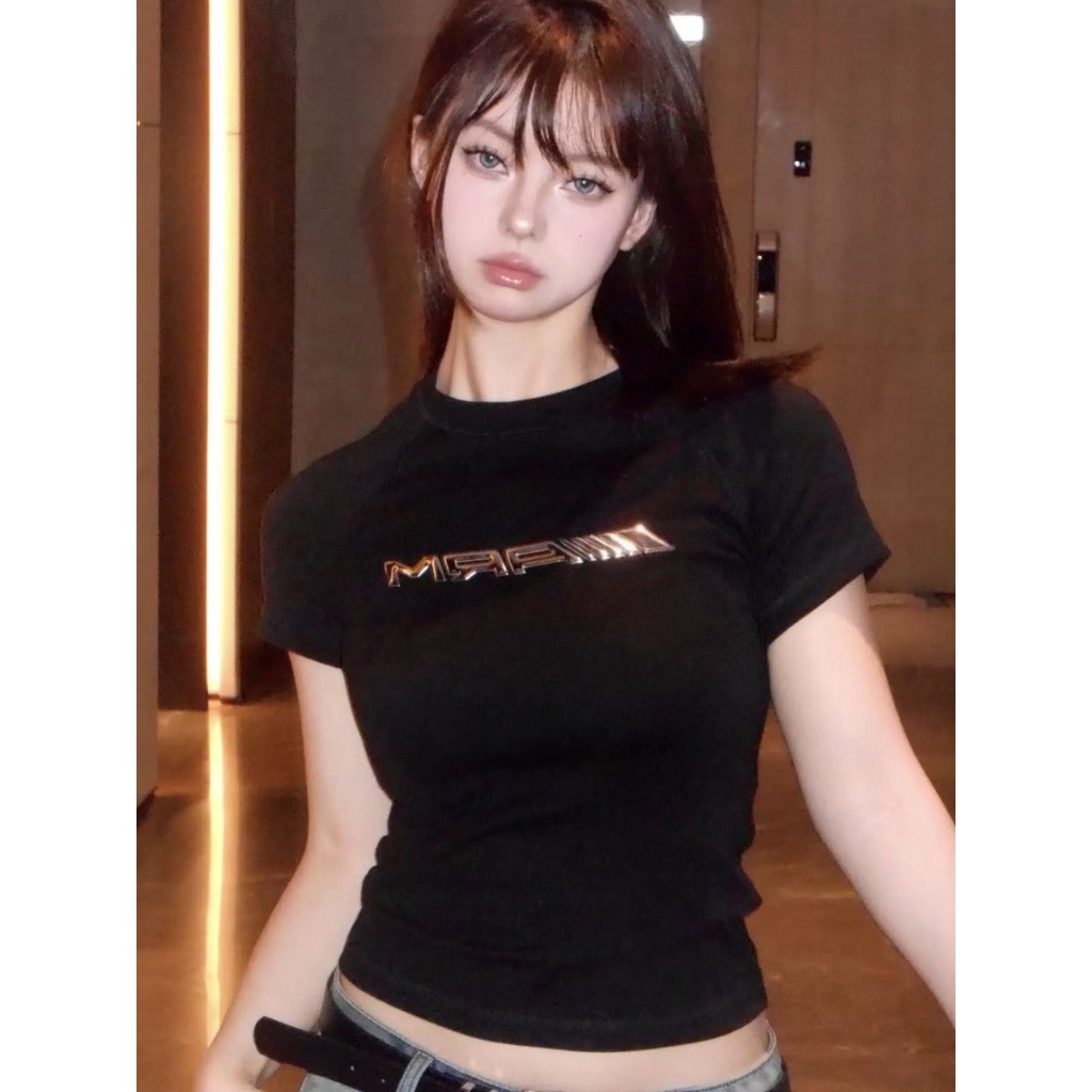 Áo Croptop Tay Ngắn In Họa Tiết Kim Loại Phong Cách Vintage Thời Trang Mùa Hè Cho Nữ