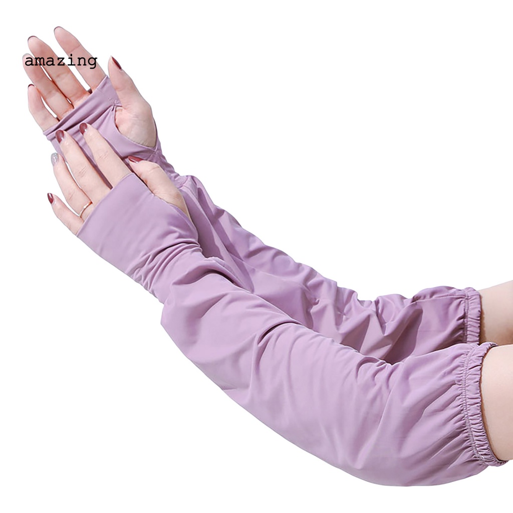 1 Đôi Găng Tay Chống Nắng Bằng Lụa Lạnh Màu Trơn Thiết Kế Lỗ Xỏ Ngón Tay Thời Trang Mùa Hè